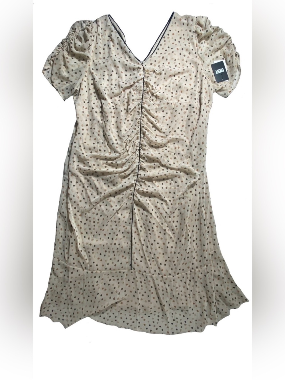NEW Plus Size DKNY Chiffon Polka Dot Ruched Front V-Neck Midi Dress $139